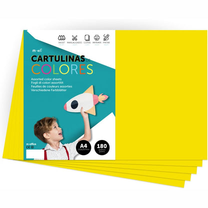 320537 - M-OFFICE Karton me ngjyra A4, 180 g, për punime artizanale, printim dokumentesh, fletë me ngjyra A4, 50 fletë, e verdhë e fortë