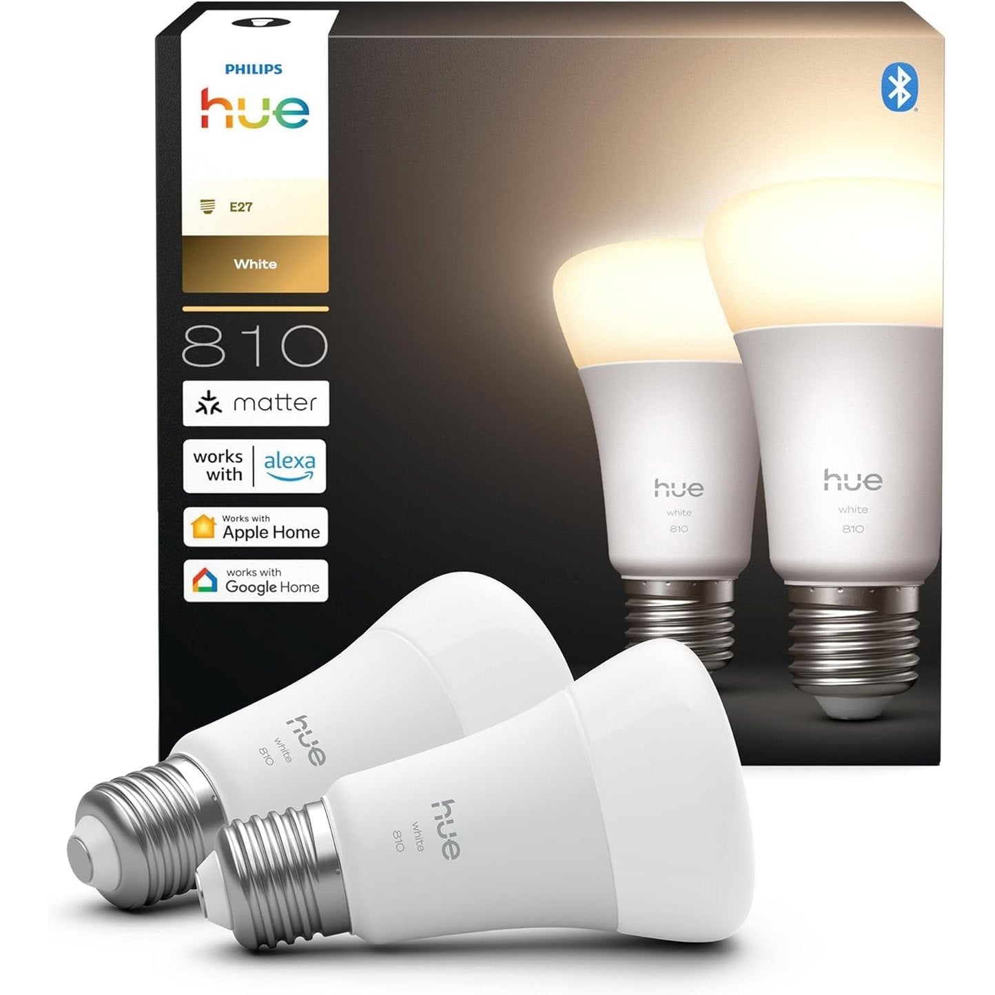 256083 - PHILIPS HUE - Llambë Smart LED A60, dritë e bardhë e ngrohtë 2700K, E27, 7W, 810 lumen, e zbehtë, pajtueshme me Alexa, Google Assistant dhe Apple Home, pako me 2 copë