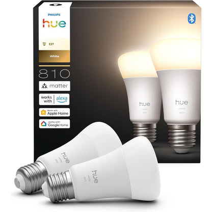 256083 - PHILIPS HUE - Llambë Smart LED A60, dritë e bardhë e ngrohtë 2700K, E27, 7W, 810 lumen, e zbehtë, pajtueshme me Alexa, Google Assistant dhe Apple Home, pako me 2 copë