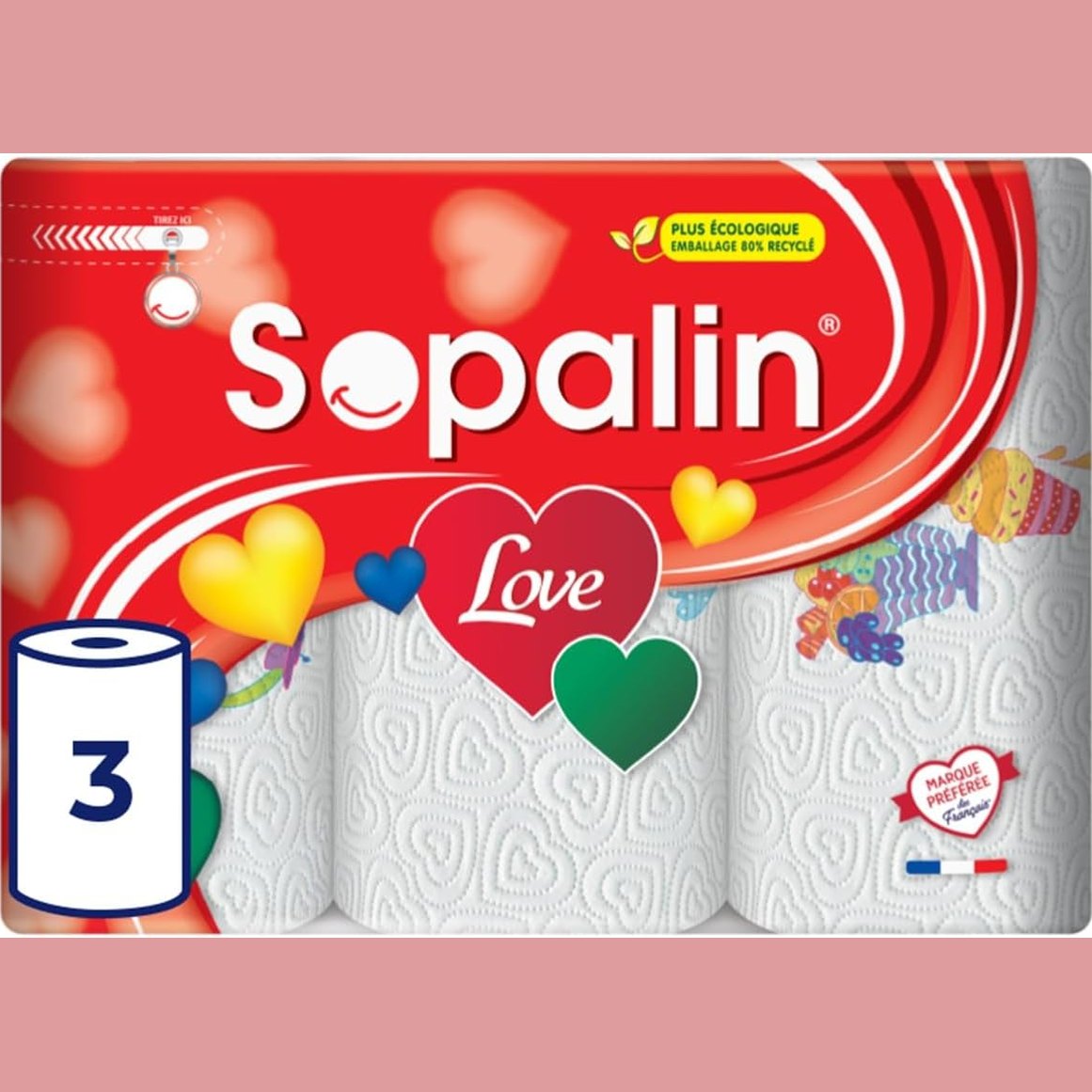 319217 - SOPALIN LOVE - 3 rrotulla me peshqirë letre kuzhine, të dekoruara, me teksturë në formë zemre, dy shtresa, të bardha