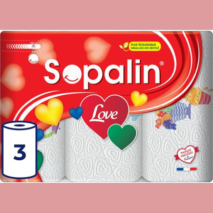 319217 - SOPALIN LOVE - 3 rrotulla me peshqirë letre kuzhine, të dekoruara, me teksturë në formë zemre, dy shtresa, të bardha
