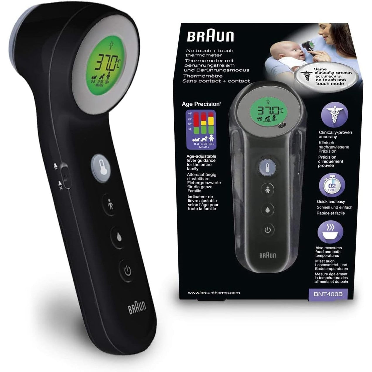 316510 - BRAUN Termometër ballit pa kontakt Sensian 7 - Teknologjia Age Precision - 3-në-1 - Ekran dixhital me kod ngjyrash - I përshtatshëm për foshnje dhe fëmijë - BNT400