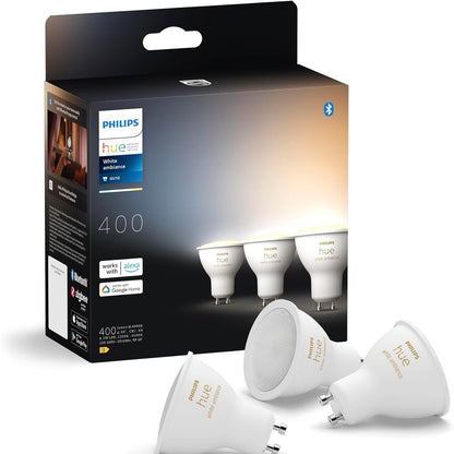 213245 - PHILIPS HUE Llambë LED inteligjente, GU10, 4.2W, 400 lumen, e pajtueshme me Alexa dhe Google Home - Pako me 3
