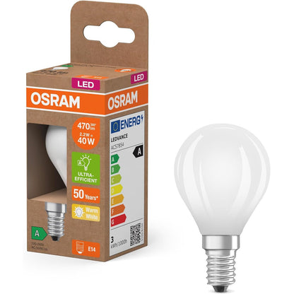 248639 - OSRAM Llambë LED mini-sfere klasike, 2.2 W / 470 lm, klasa A, dritë e bardhë e ngrohtë (2700 K), CRI 80, xham i akrilikuar pa plumb, bazë E14, IP20, diametër 45 mm