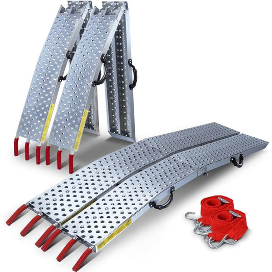 153080 - VOUNOT - 2x Rampa Ngarkese Getare, Rampa Hyrjeje e Palosshme, Maksimum 800 kg, Metal Galvanizuar, Anti-Rrëshqitëse, me Rripa Sigurie, Përdorim për Motoçikleta, Traktorë, Quad, Ngjyra Argjendi