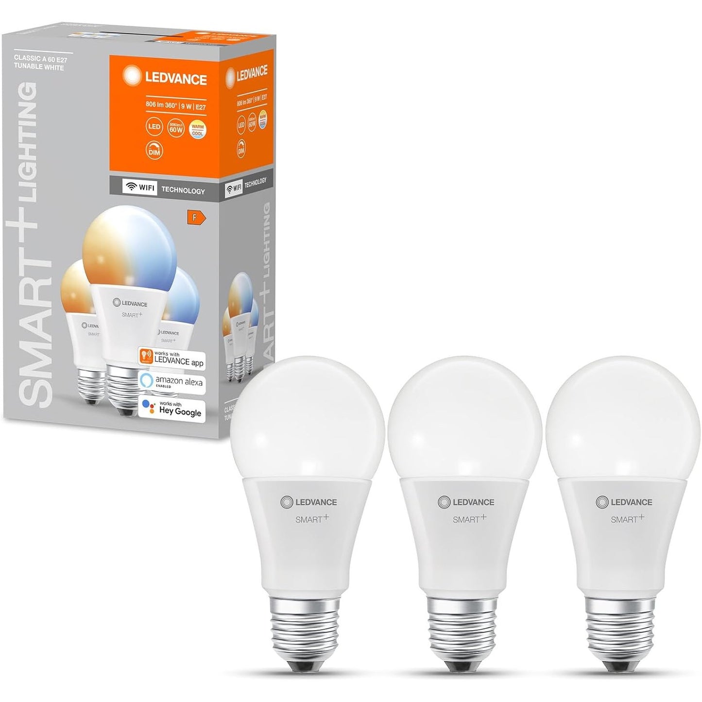 252349 - LEDVANCE Llampa LED inteligjente me teknologji WiFi, E27, e errësueshme, Ngjyrë drite e rregullueshme (2700-6500K), Zëvendëson llambat inkandeshente 60W, SMART+ WiFi, e bardhë, Pako me 3