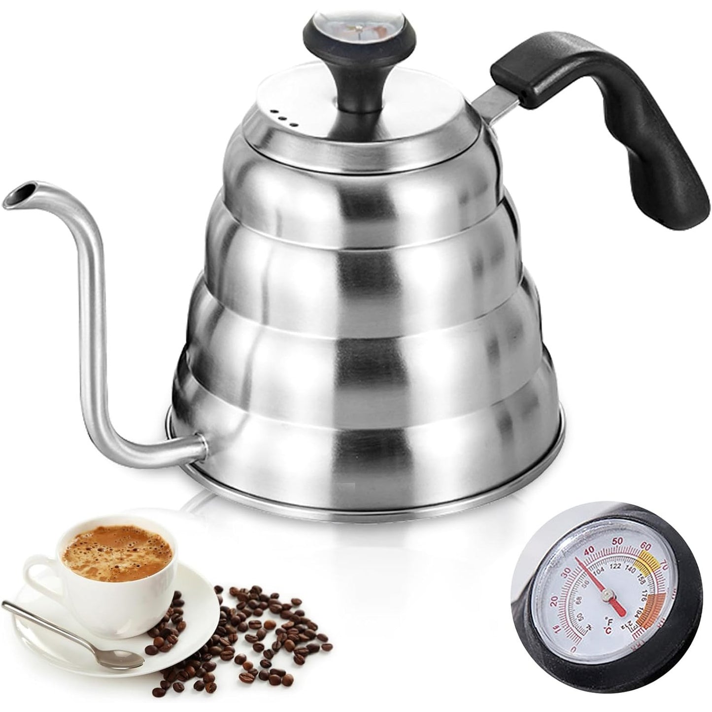 219096 - ÇAJNIK ÇELIK INOX, aparat kafeje me qafë mjedrash, termometër, 1200 ml/40 oz, i qëndrueshëm