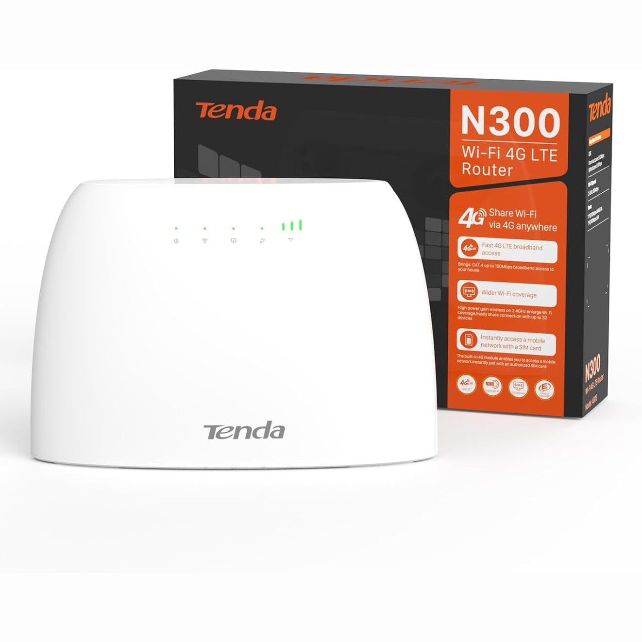 266198 - Tenda 4G03 - Router SIM 4G, LTE Cat 4, WiFi 3G/4G 2.4GHz, Shpejtësi deri në 300Mbps, Portë Ethernet LAN/WAN, VPN, IPv6, Mini SIM, 4 Antena të Integruara