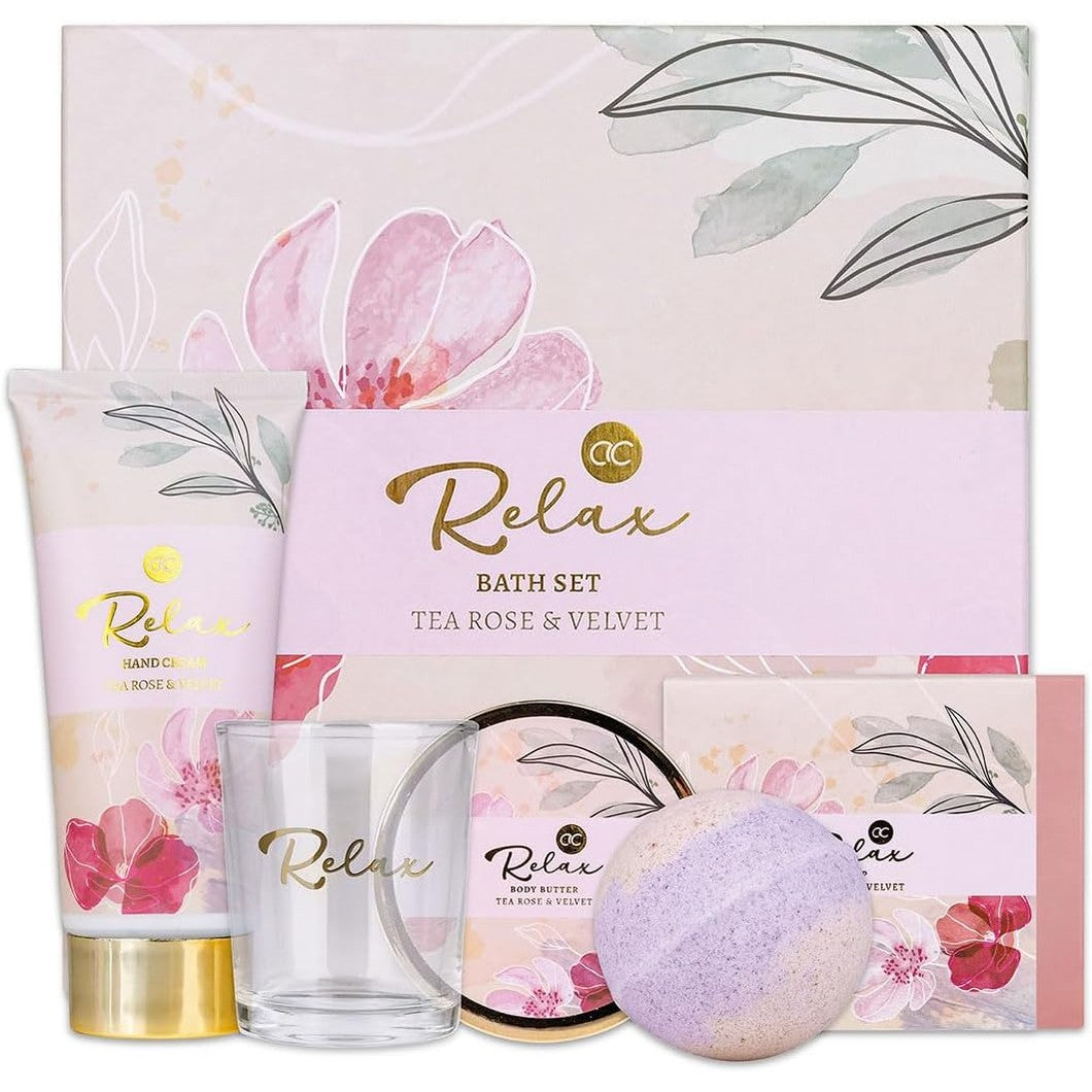 321376 - ACCENTRA Set Dhurate për Banjë dhe Trajtim RELAX, 5 Pjesë, përfshin Gjalpë Trupi, Sapun, Krem Duarsh, Bombë Banje, Qiri Aromatik, Aroma: Çaj Trëndafili dhe Kadife