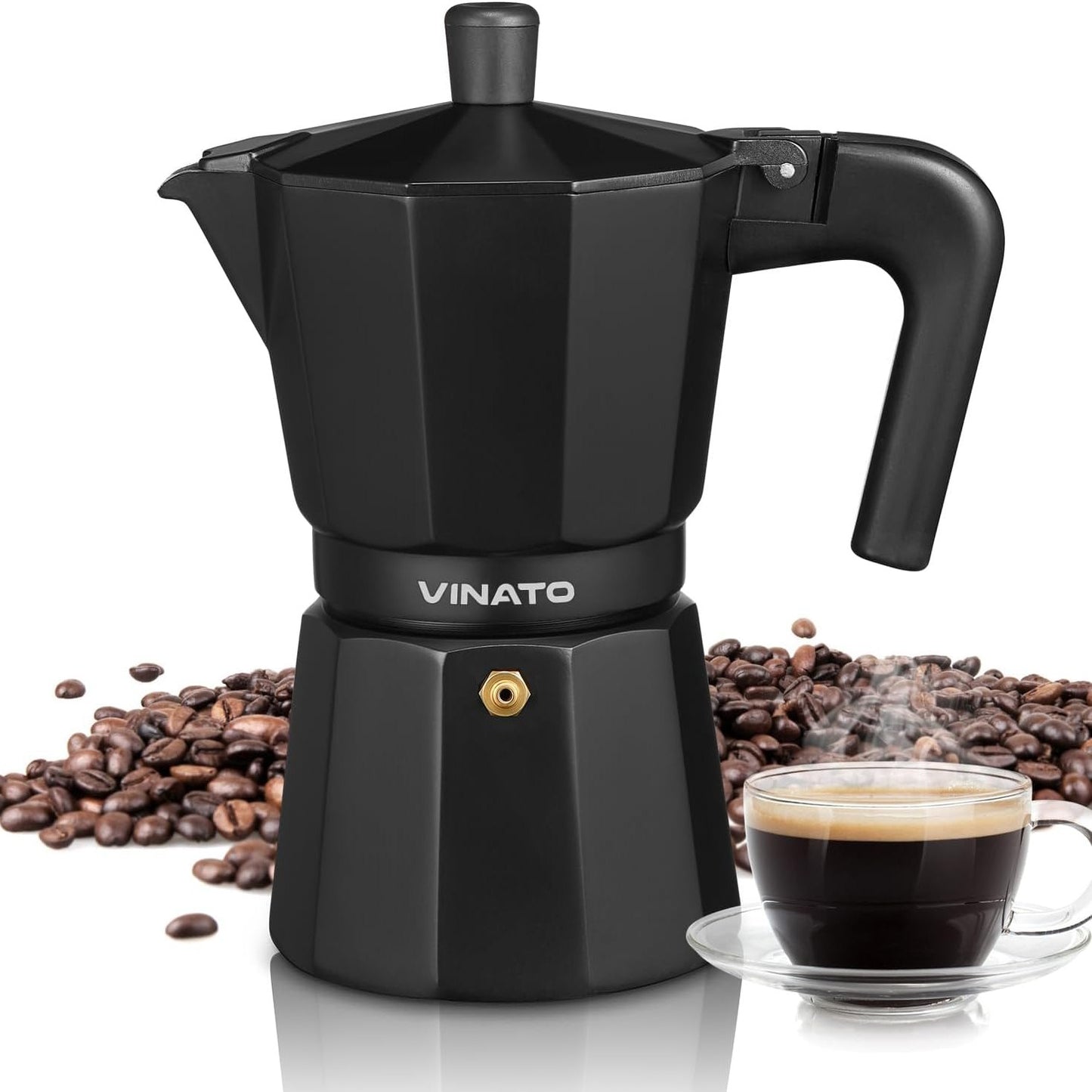 288417 - VINATO Makinë për Espresso prej alumini, për 6 Filxhanë, me Valvul Sigurie, e zezë