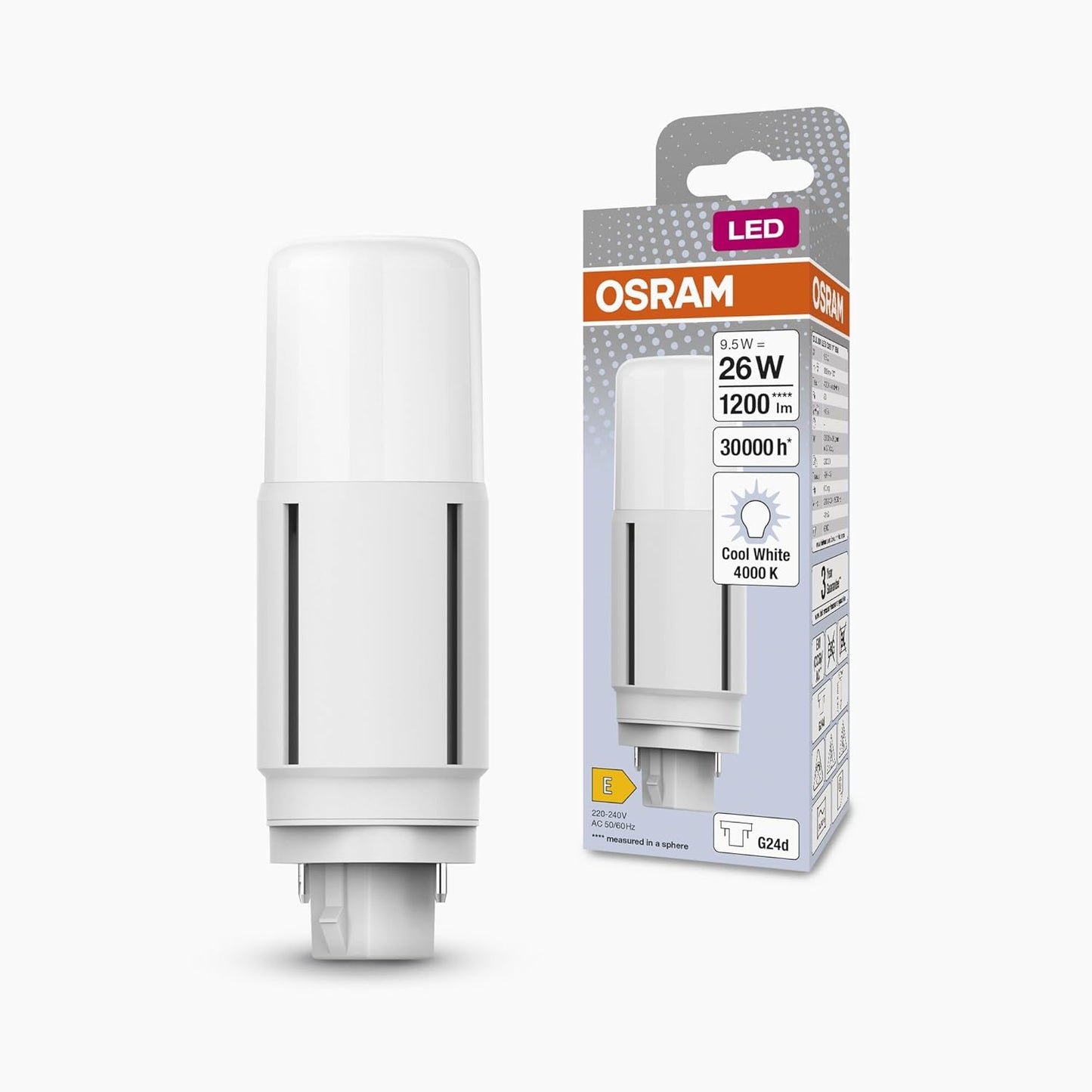 186201 - OSRAM DULUX LED D26 VT EM G24D, 9.5W, 1200lm, 4000K, Ngjyrë e Bardhë e Ftohtë, Këndi i Rrezes 300 Gradë, Jetëgjatësi e Madhe, Pa Kohë Ngrohjeje