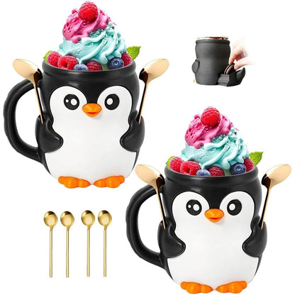 314610 - Mbajtëse Akulloreje Pinguini për Fëmijë dhe të Rritur, 3D, 4 Lugë, për Akullore, Kos, Ushqime të Lehta