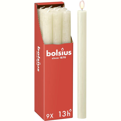 185946 - BOLSIUS - Set prej 9 Qirinj Rustikë Konikë, Ngjyrë Fildishi, Madhësi 27 x 2.3 cm, Kohë Djegie 13 Orë, pa Aromë, me Dyll Natyral Bimor, Pa Vaj Palme