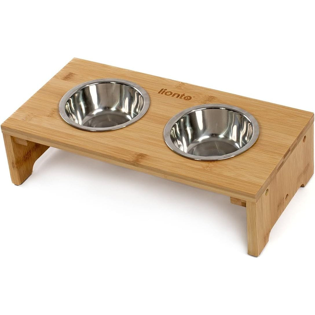 256593 - Tas i ngritur prej bambuje për qen Lionto, 40x20x10 cm, Tas i dyfishtë për qen dhe mace, 2 tasa çeliku inox Ø 11 cm, 350 ML secila, jo-rrëshqitës