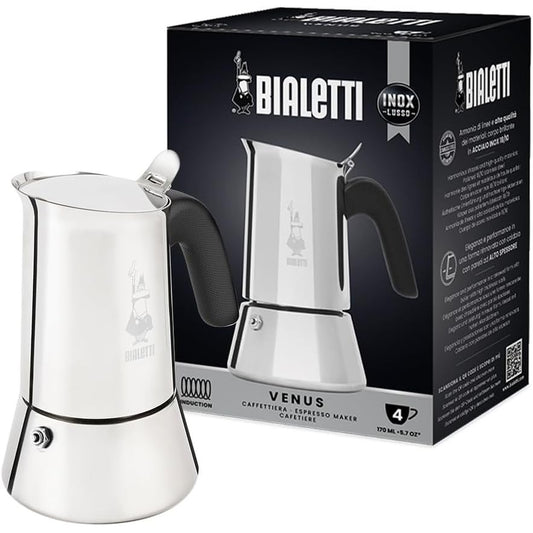 195969 - BIALETTI - Makinë Italiane për Espresso 'Venus Induction', E Bërë nga Çelik Inox, Përshtatshme për të Gjitha Pjatat, Kapaciteti 170ml, 4 Filxhanë Kafeje, Ngjyra Argjendi