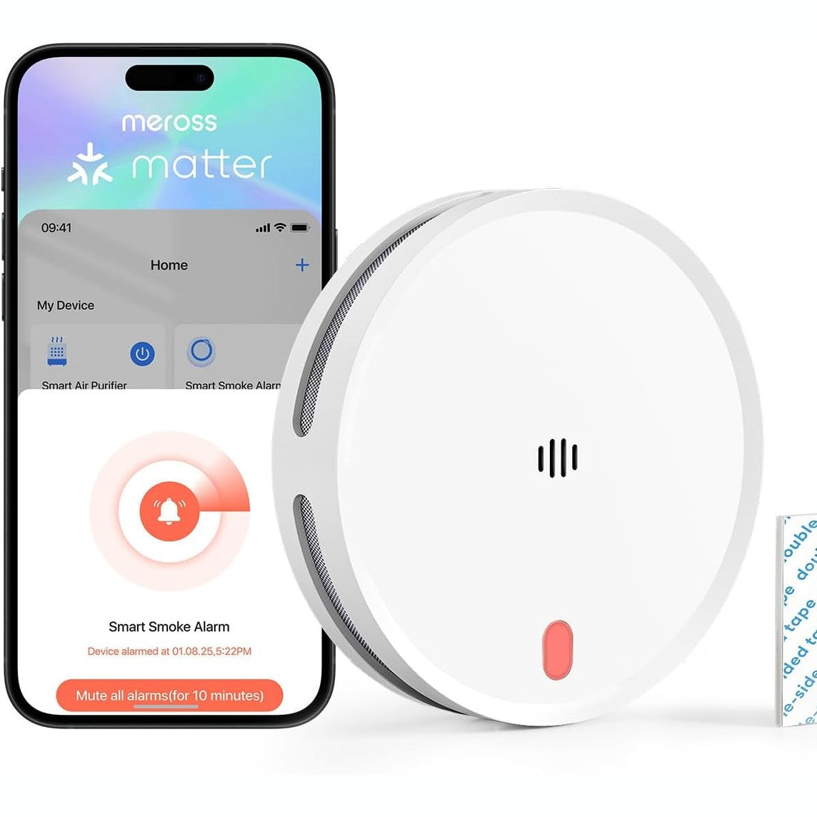 322388 - MEROSS Detektor tymi i lidhur, Alarm zjarri Wi-Fi me sensor optik të dyfishtë, Njoftim aplikacioni, Rrjetë insektesh 0.8 mm, 33 mm, Kërkohet qendër, 1 copë