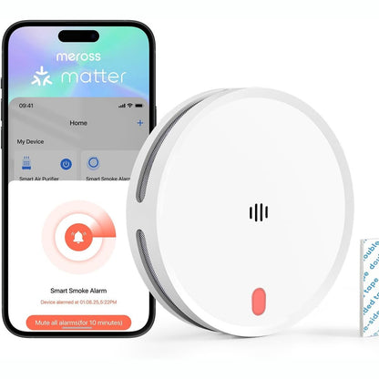 322388 - MEROSS Detektor tymi i lidhur, Alarm zjarri Wi-Fi me sensor optik të dyfishtë, Njoftim aplikacioni, Rrjetë insektesh 0.8 mm, 33 mm, Kërkohet qendër, 1 copë