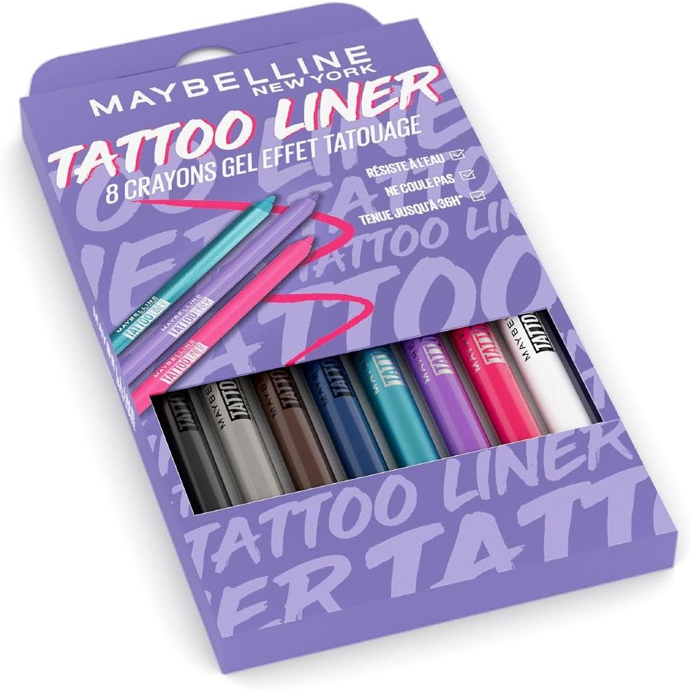 298171 - Maybelline New York Set me lapsa sysh me efekt tatuazh xhel, i papërshkueshëm nga uji, 36 orë qëndrim, 8 nuanca