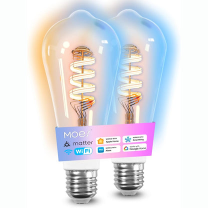 213840 - MOES Llambë Smart E27 Vintage, Llambë LED WiFi RGB, 5W, 2700K–6500K, 16 Milion Ngjyra, 2 copë