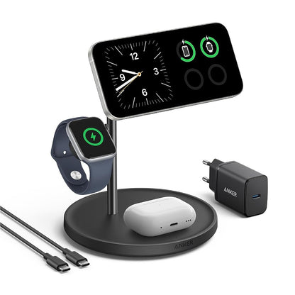 309509 - ANKER Stacion karikimi pa tel MagGo 3-në-1, mbështetëse karikimi 15W, e pajtueshme me MagSafe, çertifikuar Qi2, për iPhone 17/16/15/14, AirPods Pro, Apple Watch Ultra, me adaptor energjie USB-C dhe kabllo