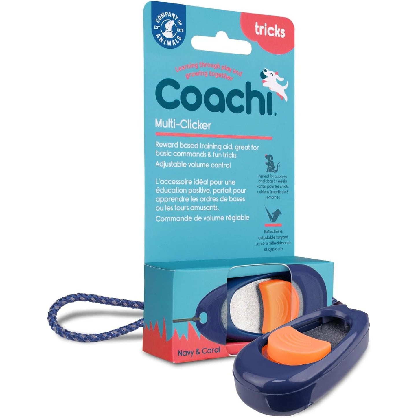 242875 - COACHI Multi-Clicker, aksesor për qen, kontroll i volumit me 3 cilësime, i lehtë për t'u klikuar, rrip kyçi i rregullueshëm, pajisje klikimi për qen, për stërvitjen e qenve, duke përfshirë qentë dhe këlyshët e ndjeshëm.