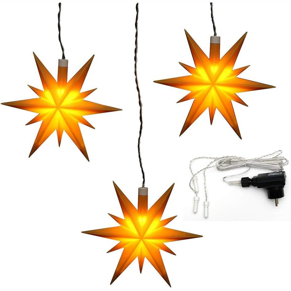 221395 - Set me 3 yje të verdhë plastikë për Krishtlindje, përfshin dritat LED dhe adaptorin, për përdorim të brendshëm dhe të jashtëm, dimensionet për yll: 13.5 x 5.5 x 12 cm