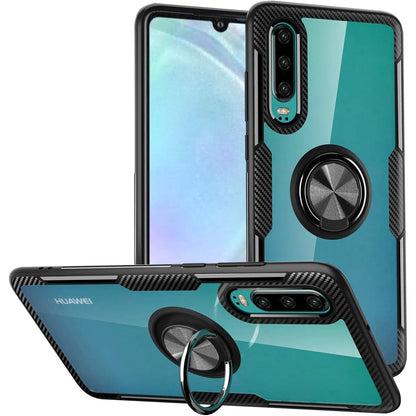 295314 - Huawei Mbrojtëse ekrani për P30, prej fibrash qelqi, kristal, transparente, me mbajtëse rrotulluese 360 gradë, montim magnetik për makinë, kornizë e zezë