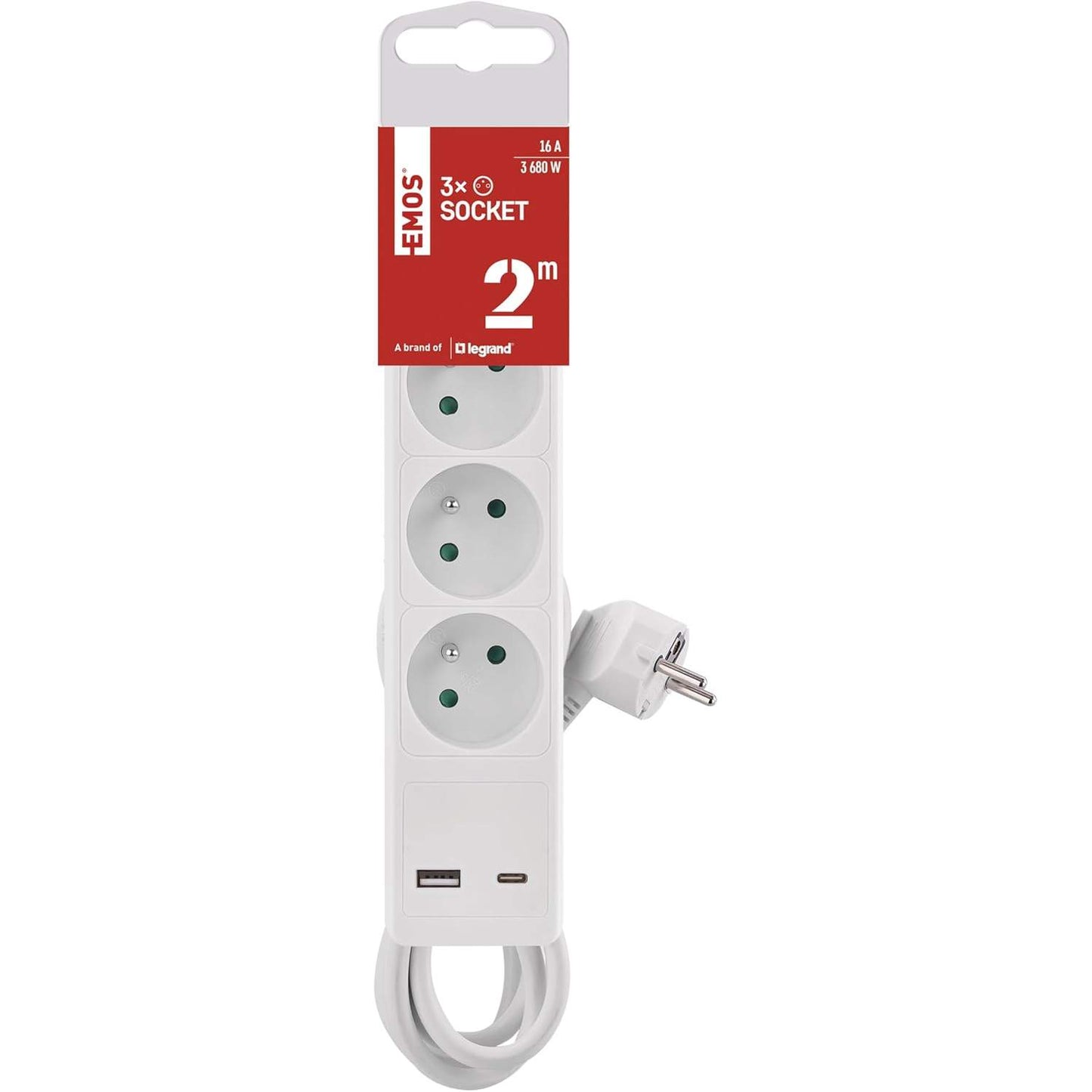 276996 - EMOS Shirit elektrik 3-kahësh me karikim USB dhe kabllo 2m, standard francez