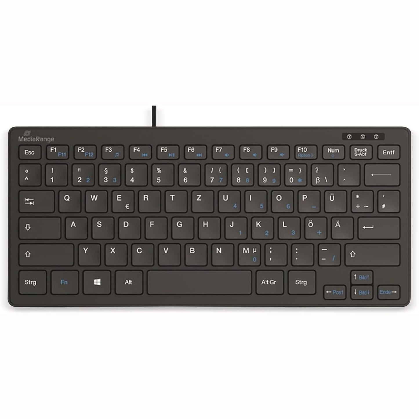 267133 - MEDIARANGE Tastierë kompakte me tel, 78 taste ultra të sheshta, paraqitje gjermane QWERTZ, plug & play USB 2.0, rezistente ndaj spërkatjeve, e zezë