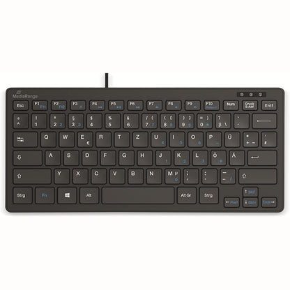 267133 - MEDIARANGE Tastierë kompakte me tel, 78 taste ultra të sheshta, paraqitje gjermane QWERTZ, plug & play USB 2.0, rezistente ndaj spërkatjeve, e zezë