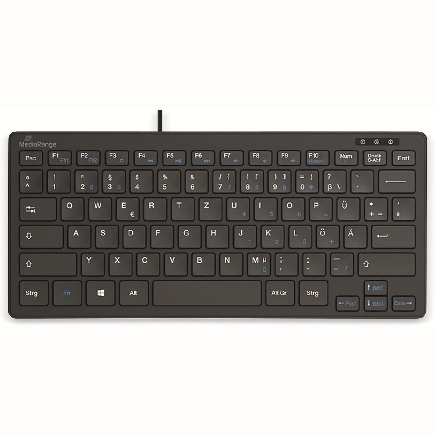 274369 - MEDIARANGE Tastierë kompakte me tela me 78 taste ultra të sheshta, paraqitje gjermane QWERTZ, tastierë PC me lidhje plug & play USB 2.0, rezistente ndaj spërkatjeve, e zezë