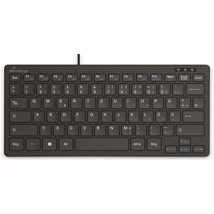 274369 - MEDIARANGE Tastierë kompakte me tela me 78 taste ultra të sheshta, paraqitje gjermane QWERTZ, tastierë PC me lidhje plug & play USB 2.0, rezistente ndaj spërkatjeve, e zezë