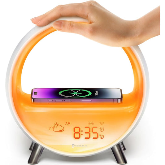 199107 - DEKALA Orë Alarmi me Dritë, Simulim Lindje-Perëndim Dielli, Llambë Nate pa Tel me Karikim 15W, Kontroll me Prekje dhe Aplikacion