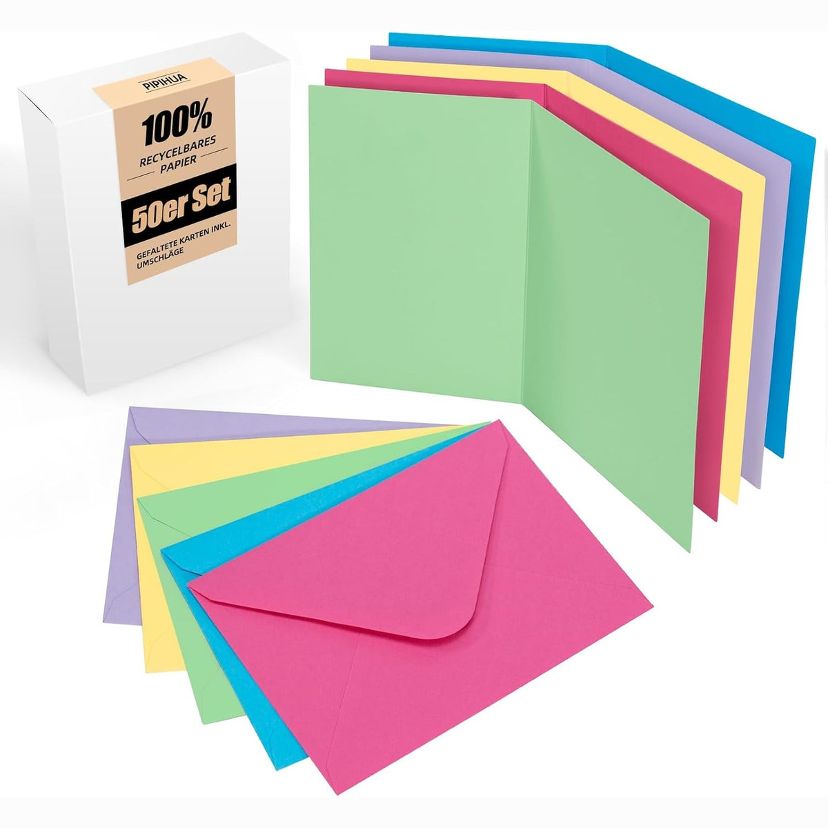 309210 - Set me 50 kartolina të palosshme bosh me zarfe - Kartolina të palosshme për personalizim, shkrim ose printim - DIN A6/C6, ngjyra të ndryshme