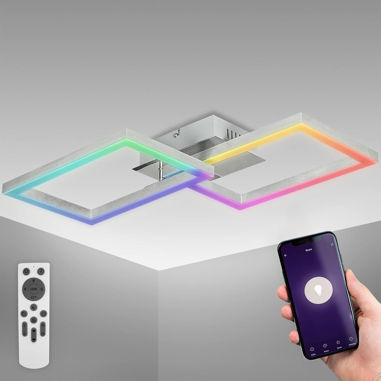255089 - BKLicht Llambë tavani LED, e rregullueshme nga e bardha e ngrohtë në të bardhë të ftohtë, RGB, 50x38x9.1 cm, krom-alumin