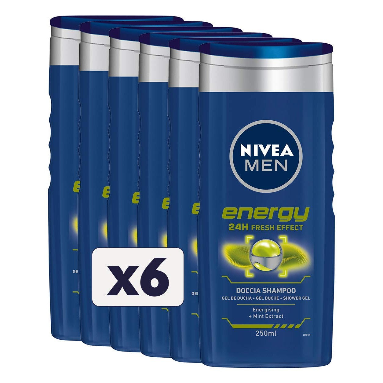 317509 - NIVEA MEN, Shampo dushi Energy, 6 x 250 ml, Xhel dushi rigjallërues për trupin, fytyrën dhe flokët, me ekstrakt menteje