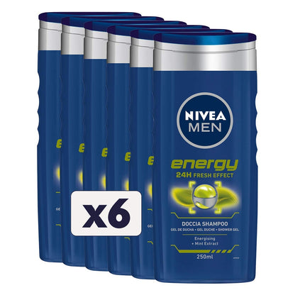 317509 - NIVEA MEN, Shampo dushi Energy, 6 x 250 ml, Xhel dushi rigjallërues për trupin, fytyrën dhe flokët, me ekstrakt menteje