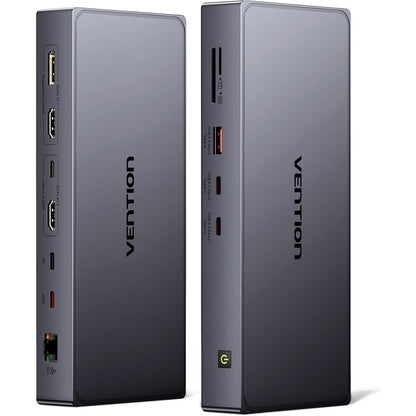 276092 - VENTION Stacion Dokimi USB C me Monitor të Dyfishtë 4K@60Hz, 7-në-1 për MacBook Pro/Air/Mini M1/M2/M3/M4 - 10Gbps USB-A/C, HDMI, DP, PD 100W, SD/TF, RJ45 - Gri