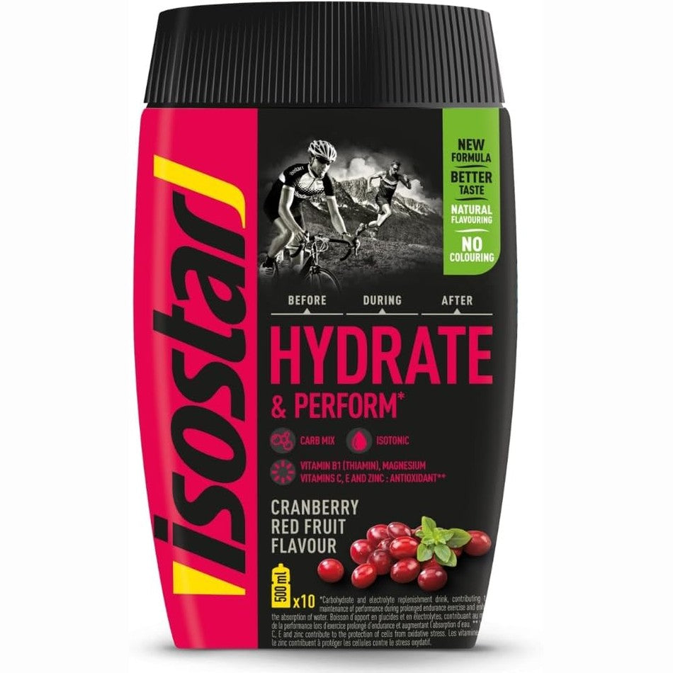321996 - ISOSTAR Pluhur pijeje sportive izotonike me boronicë dhe manaferra të kuqe, 400g, energjike për qëndrueshmëri me elektrolite, vitaminë C dhe B1