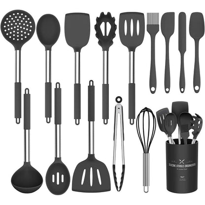 224207 - UMITE Set enësh kuzhine, 15 copë, silikon, rezistent ndaj nxehtësisë, pa BPA, dorezë çeliku inox