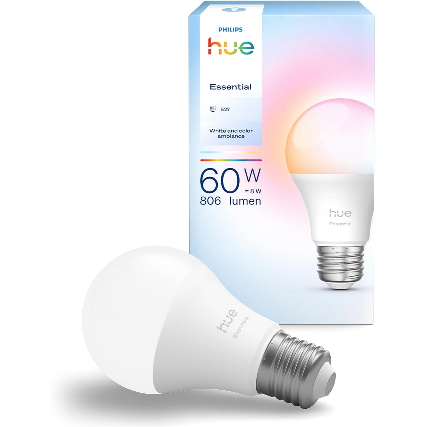 251385 - PHILIPS HUE Llambë inteligjente LED Essential A60, E27, 8W, 2200-6500K, 806 lumen, shkëlqim i rregullueshëm, i pajtueshëm me Alexa, Google Assistant dhe Apple Home