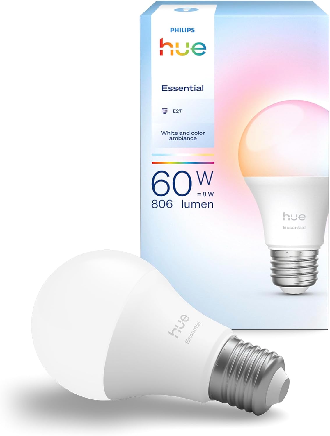 246319 - PHILIPS - Llampa Hue Essential Smart LED A60, E27, 8W, 2200K-6500K, 806 Lumen, e zbehtë, e pajtueshme me Alexa, Google Assistant dhe Apple Home, 1 pako