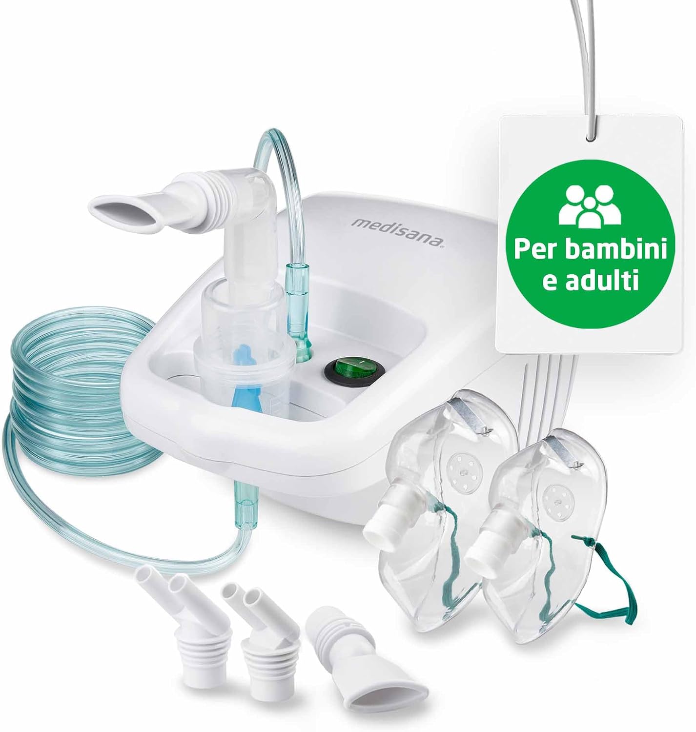 315875 - Medisana Inhalator IN 500, nebulizator kompresor me grykë dhe maskë për të rritur dhe fëmijë, për ftohje ose astmë me aksesorë shtesë dhe një tub të gjatë