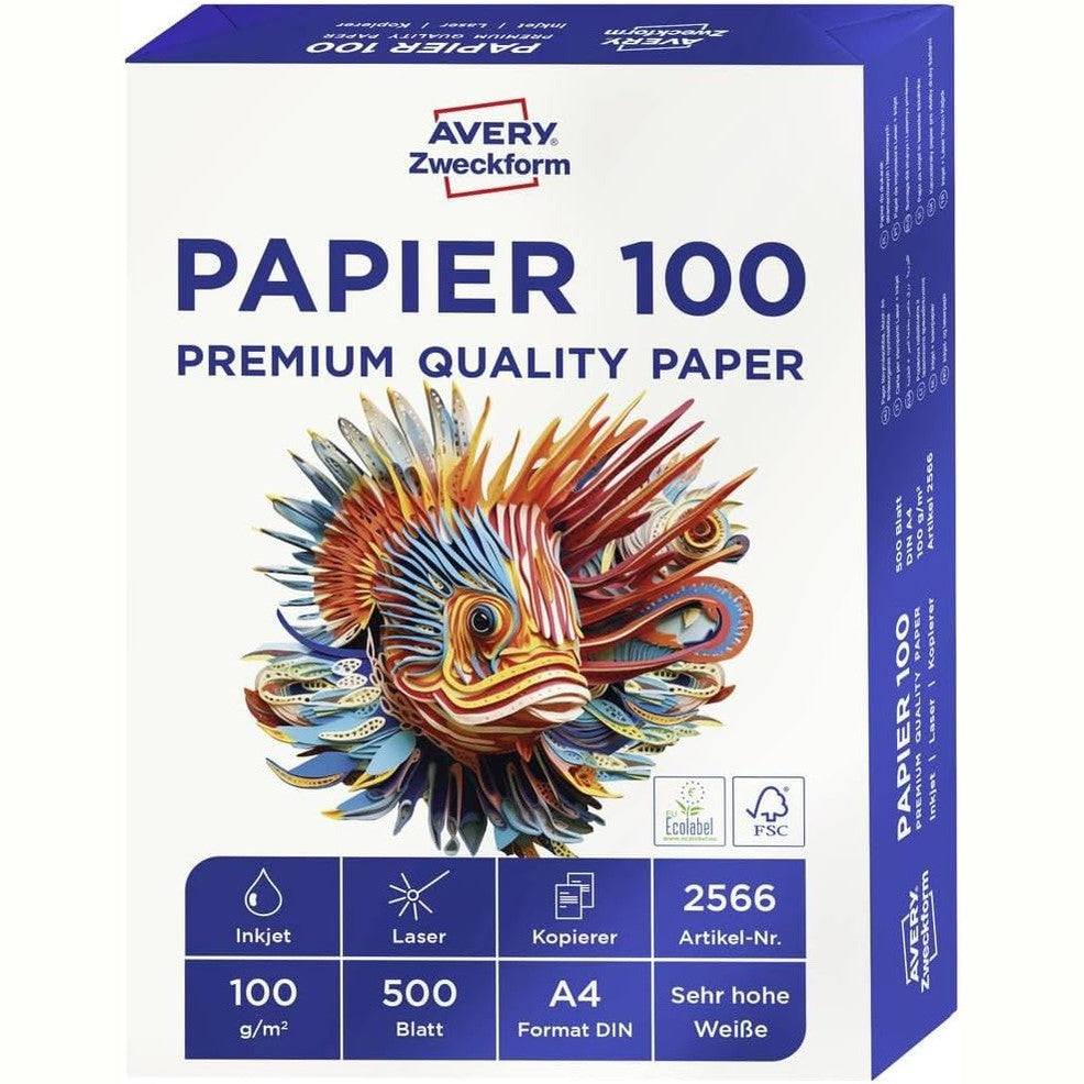 296160 - AVERY ZWECKFORM Letër për Printer/Fotokopjues 2566, 500 fletë, 100 g/m², DIN A4, e bardhë e ndezur, për të gjithë printerët, 1 pako