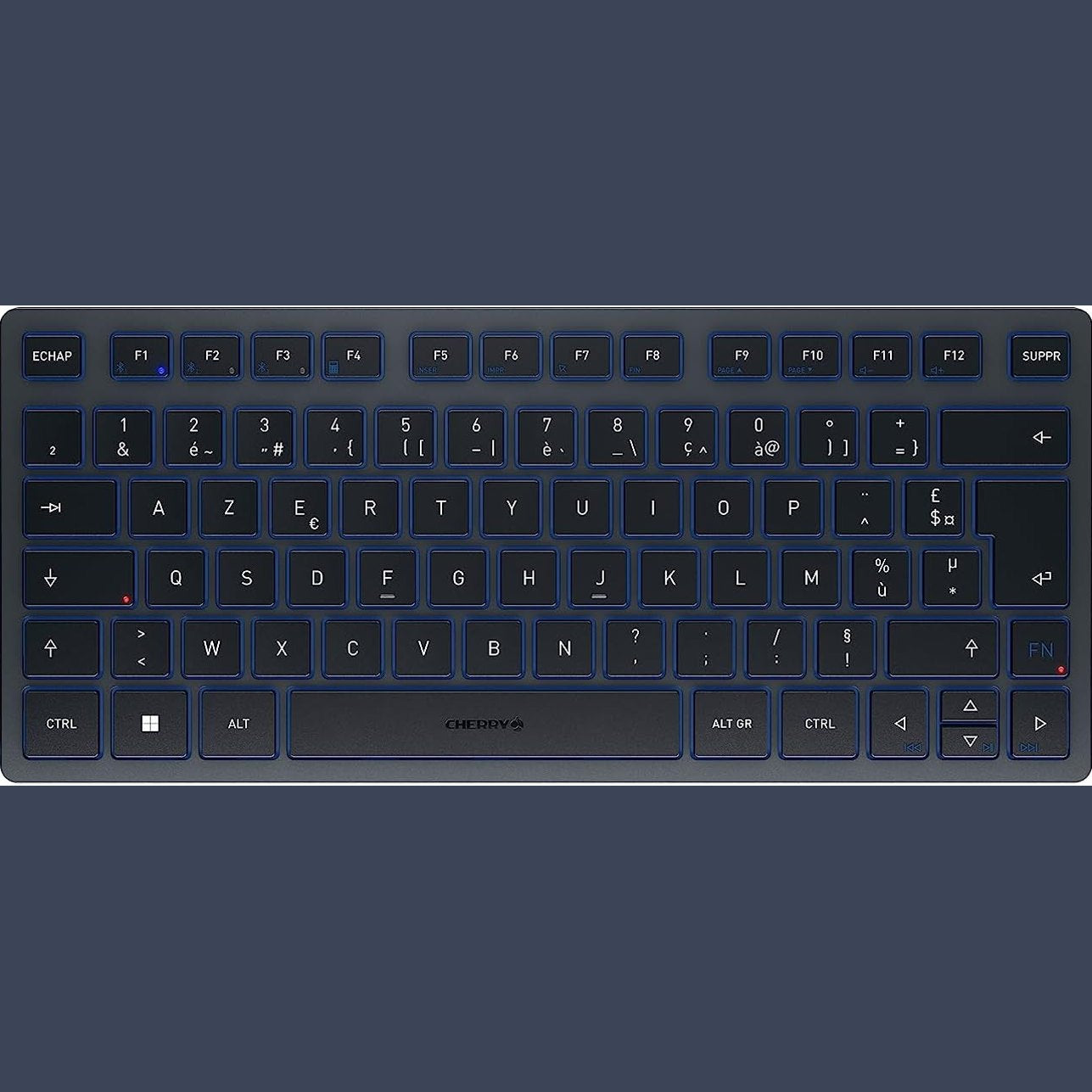 268399 - CHERRY KW 7100 MINI BT, Tastierë kompakte Bluetooth, 3 kanale, dizajn frëng (AZERTY), përfshin çantë mbajtëse, Ngjyra: Blu e errët