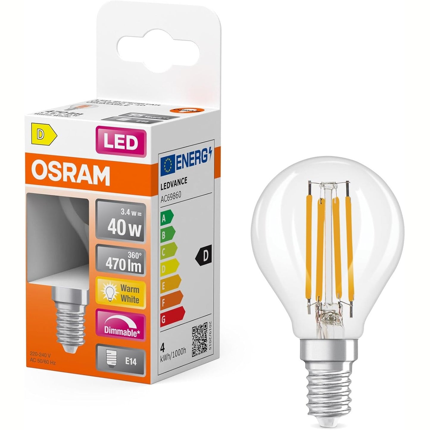 186751 - OSRAM Llambë LED Retrofit CLASSIC P DIM në formë P, Xham Transparent, 3.4 W, 470 lm, 2700 K, me Errësim, Klasa e Efikasitetit të Energjisë: D, CRI: 80