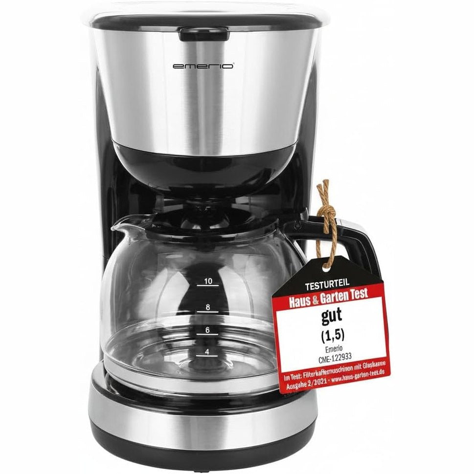162659 - EMERIO - Makinë Kafeje me Filtra CME-122933, Kapaciteti 1.25 l, deri në 10 Filxhanë Kafe, Filtër i Përhershëm i Lëvizshëm, Funksioni Pikim, Karafë Qelqi, Fikje Automatike, 1000 Vat, Ngjyra e Zezë me Argjendtë.