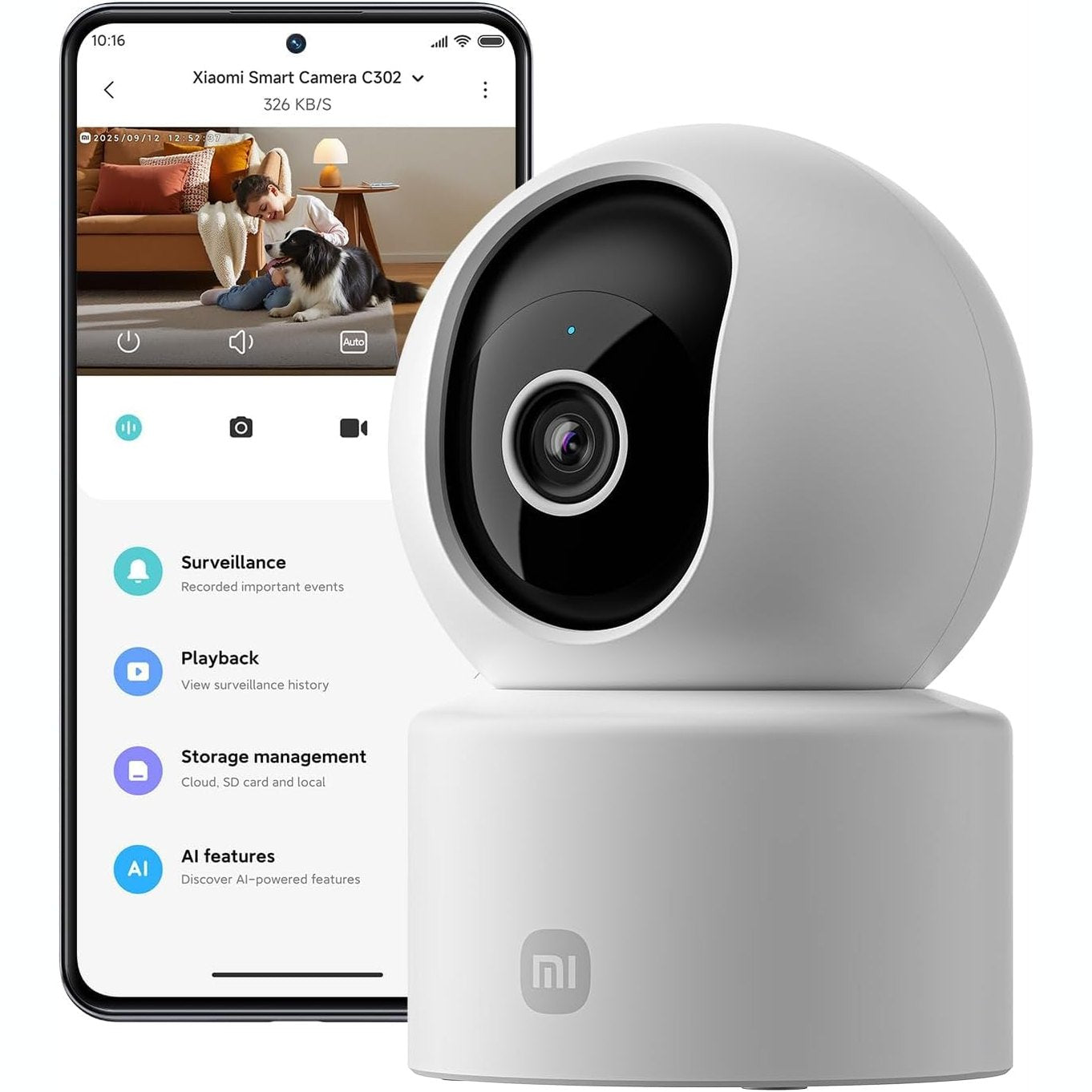 288708 - XIAOMI Kamera Sigurie me WiFi të Brendshme C302 2K 3MP 360°, Zbulim dhe Gjurmim të Njerëzve/Kafshëve Shtëpiake, Barrierë Virtuale, Shikim Natën me Dritë Yjesh, Audio Dy-Kahëshe, Wi-Fi 6
