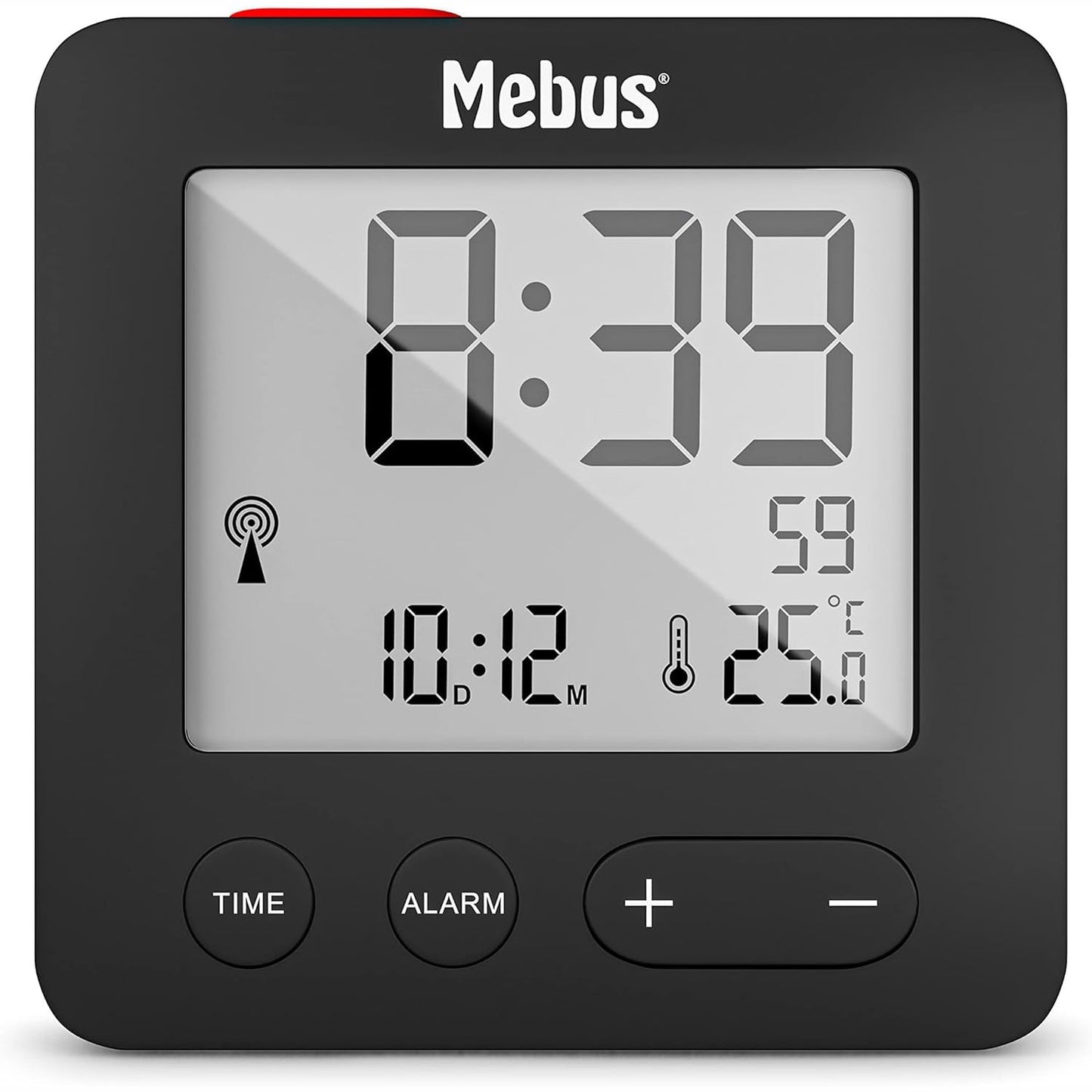 222777 - MEBUS - Orë alarmi me radiokontroll dhe ekran temperature, 6.6 x 6.6 x 2.1 cm, ngjyra: e zezë, model: 25801