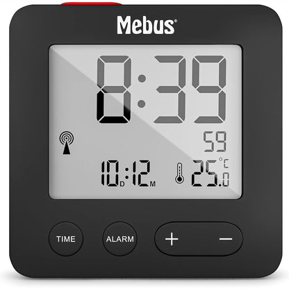 222777 - MEBUS - Orë alarmi me radiokontroll dhe ekran temperature, 6.6 x 6.6 x 2.1 cm, ngjyra: e zezë, model: 25801
